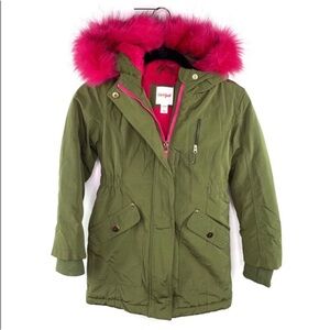 Cat & Jack Girls army Green & fushia Pink Winter puffer snow jacket girls size s
